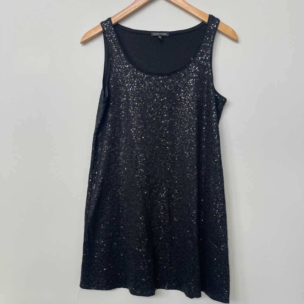 Eileen Fisher | Black Sequined Silk Sleeveless Tank Tunic Small Luxury Going Out